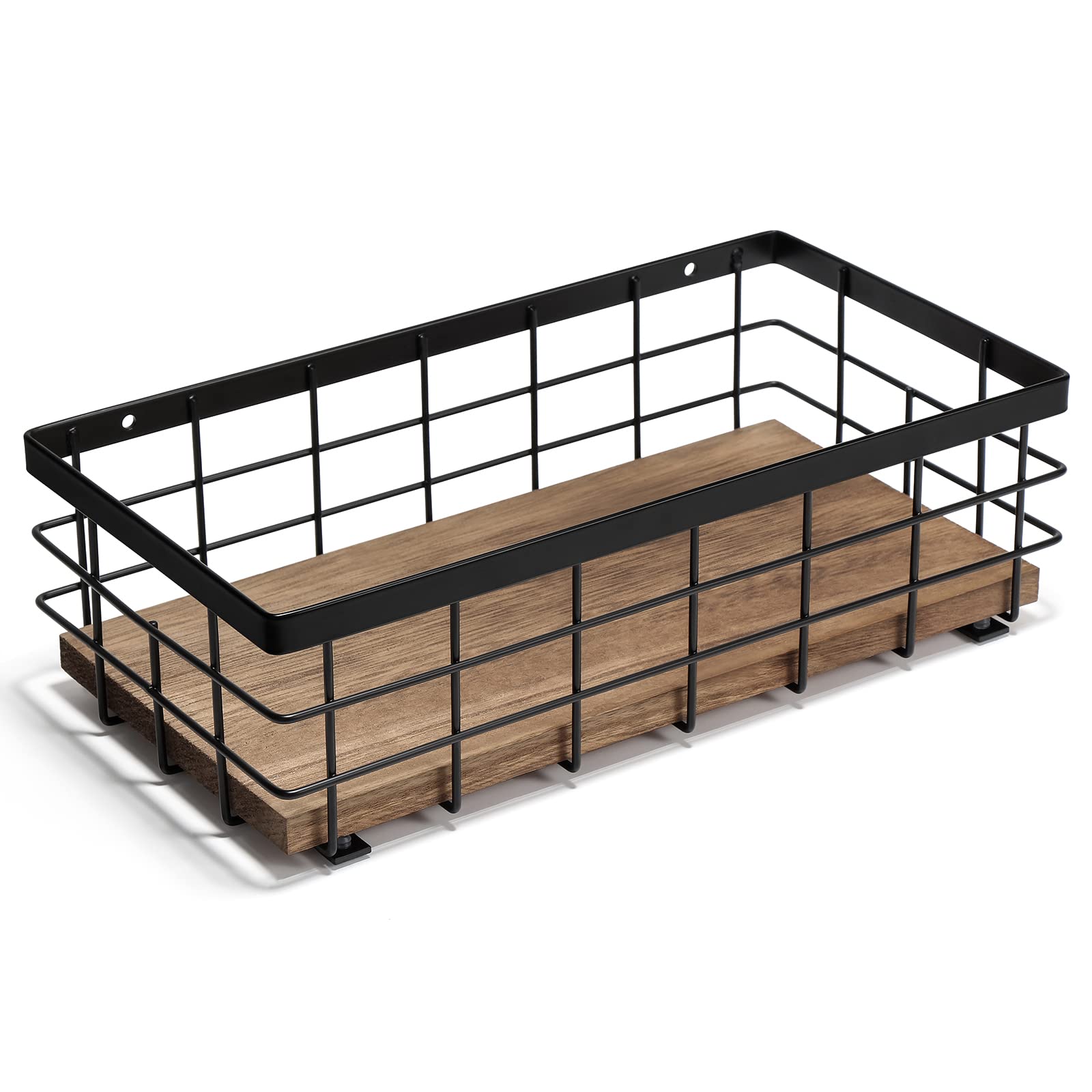 TJ.MOREE small metal wire basket with wood base wall mount for bathroom organization