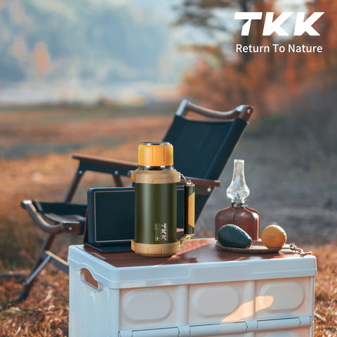 TKK 64oz insulated stainless steel bottle keeps drinks cool or hot on hikes.