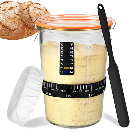 TKVAZK Sourdough Starter Kit wide-mouth jar for easy feeding and cleaning.