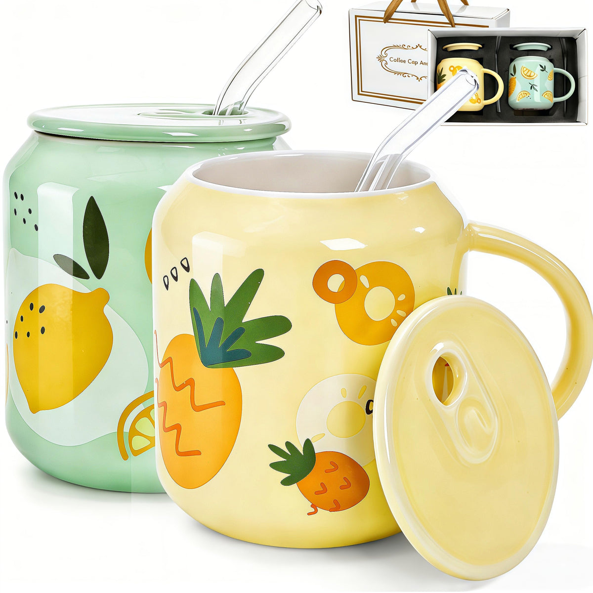 Tlence pineapple lemon mug with lid and straw for on-the-go sipping