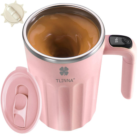TLINNA self-stirring mug pink 12 oz for quick coffee mixing.