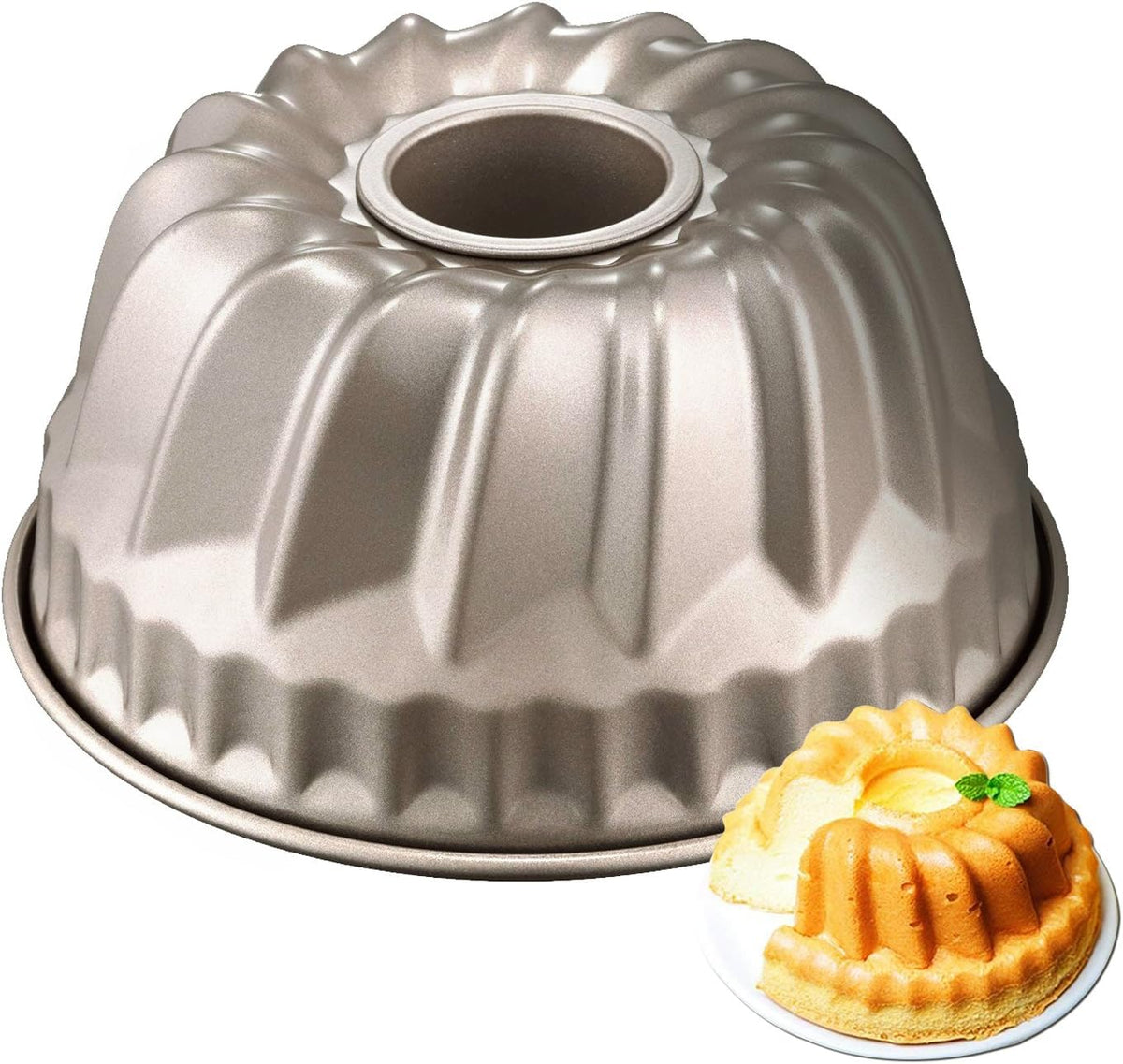 TLIOCAS 7-inch Bundt pan with fluted sides for even baking.