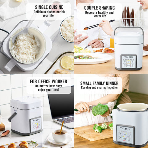 TLOG Mini Rice Cooker complete package with cord, spoon, and 1-year warranty
