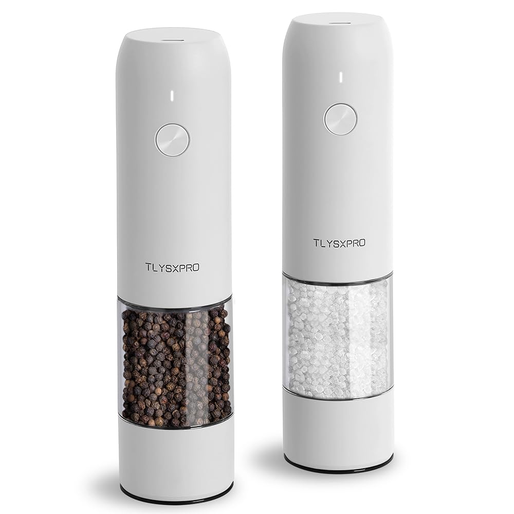 TLYSXPRO electric salt and pepper grinder set in white, front view, stylish and convenient.