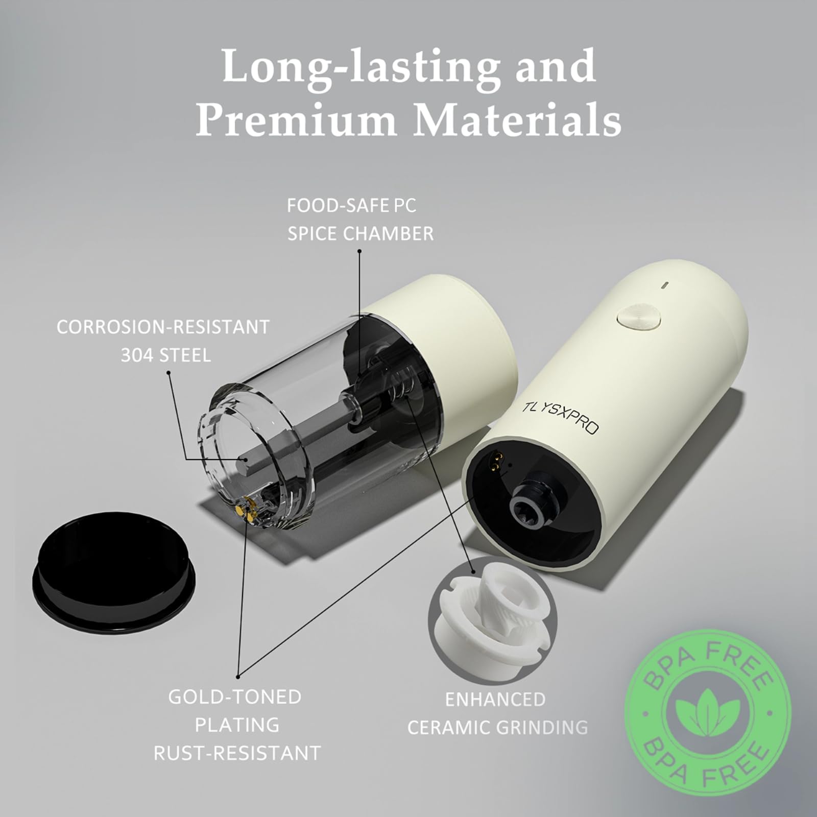 Close-up of LED light illuminating freshly ground spices from TLYSXPRO grinder.