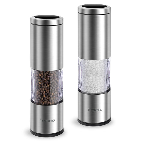 TLYSXPRO salt and pepper grinders in stainless steel for elegant table seasoning.