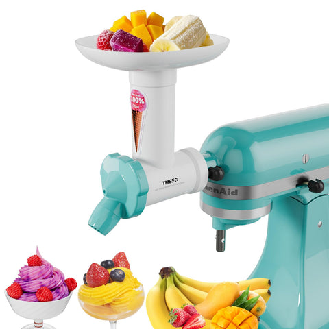 Tmbeg dairy free ice cream attachment shows easy stand mixer integration for creamy fruit desserts.