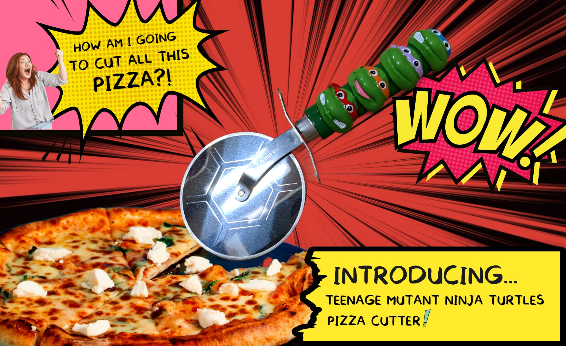 Compact TMNT pizza cutter measures 10 by 4 by 1 inches for easy storage