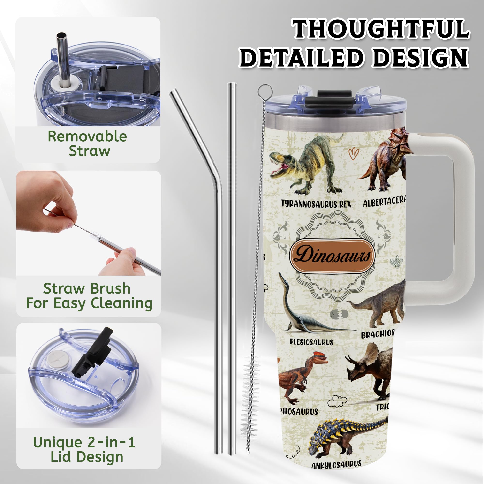 TNASURHUS dinosaur mug 40oz with durable handle for easy carrying.