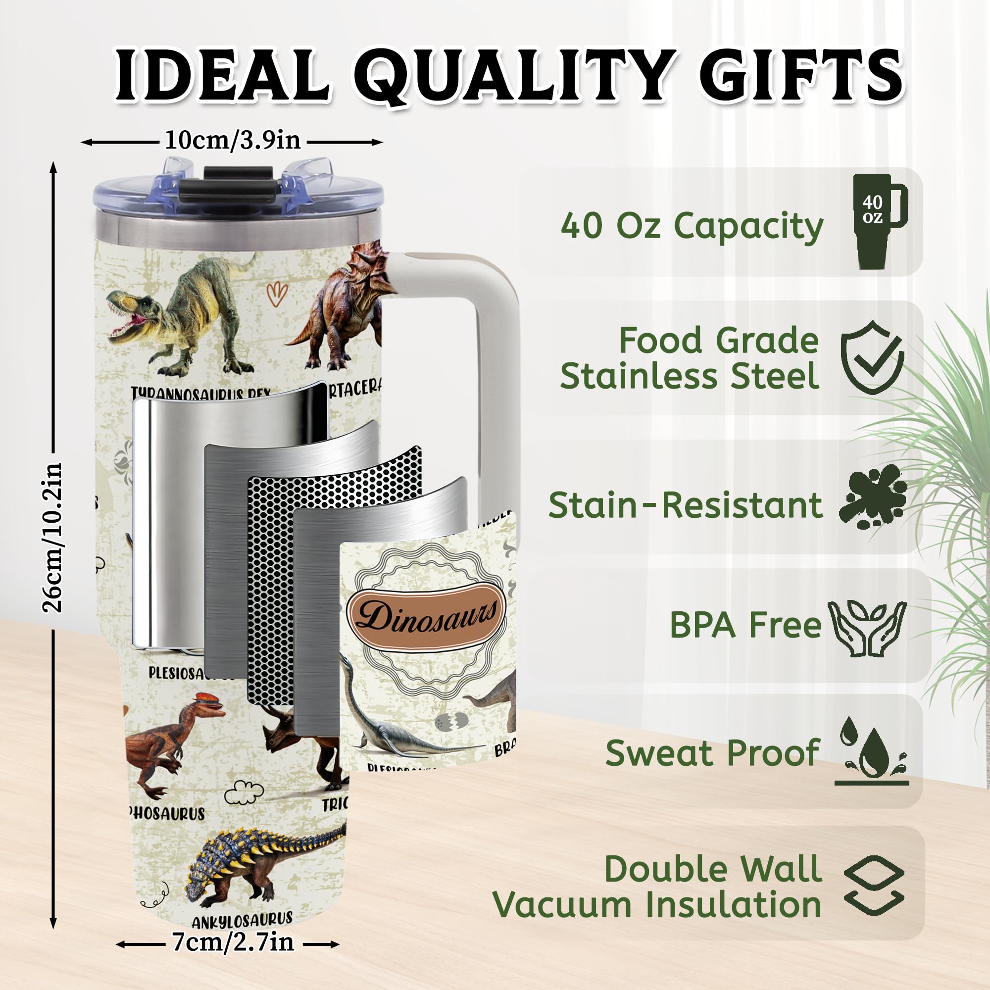 TNASURHUS dinosaur mug 40oz stainless interior ensures lasting durability.