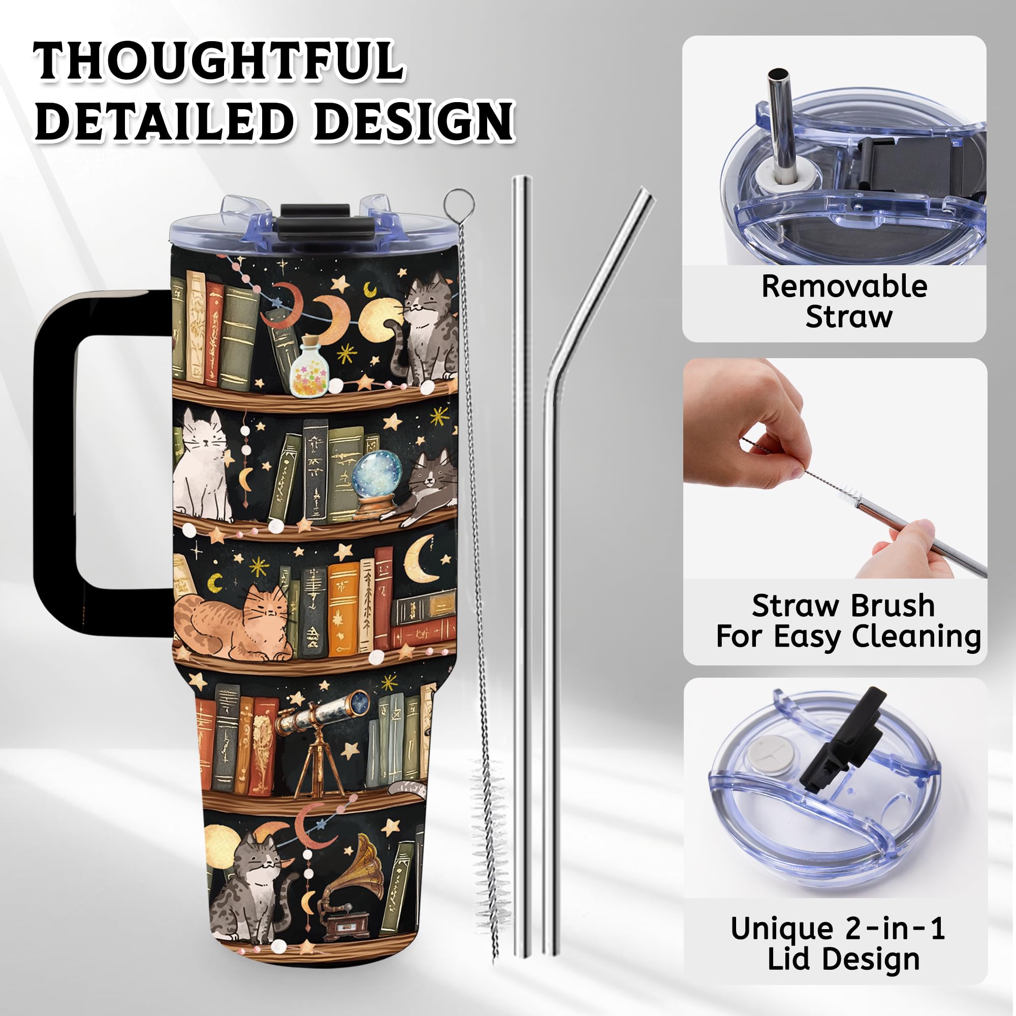 TNASURHUS Library Cat Design Tumbler, a perfect gift for bibliophiles