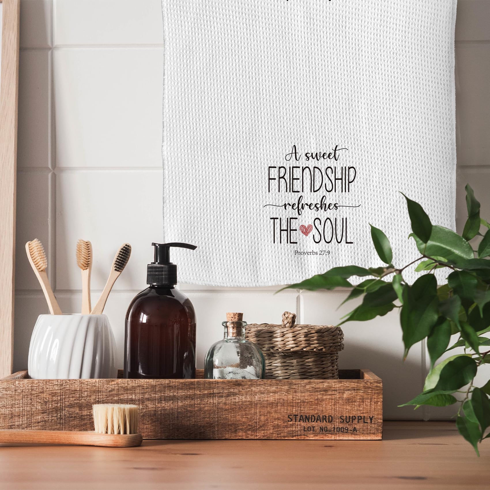 TNUW multi-purpose towel shown in kitchen and dining settings.