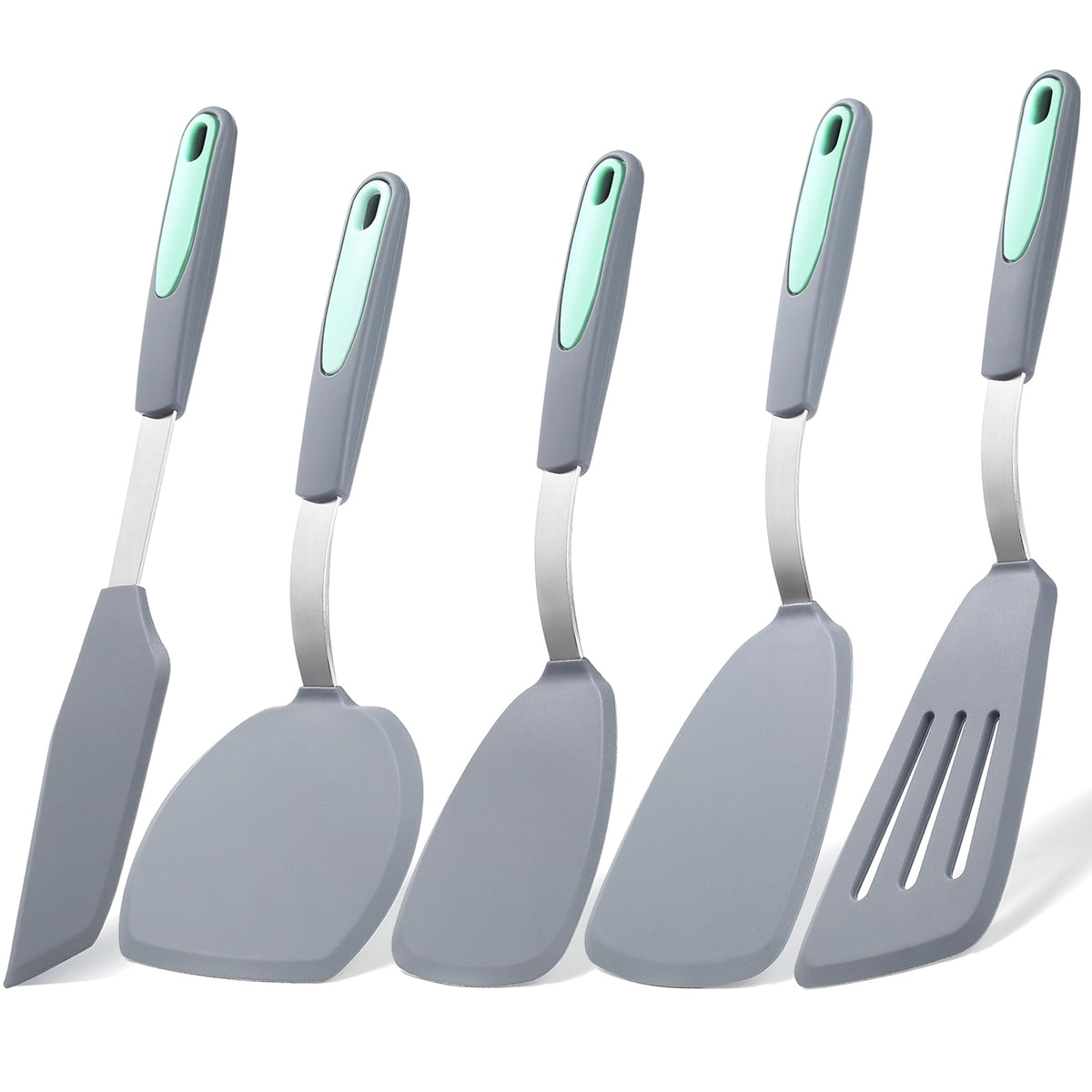 To encounter 5-piece silicone spatula set overview shows versatile, non-scratch cooking tools