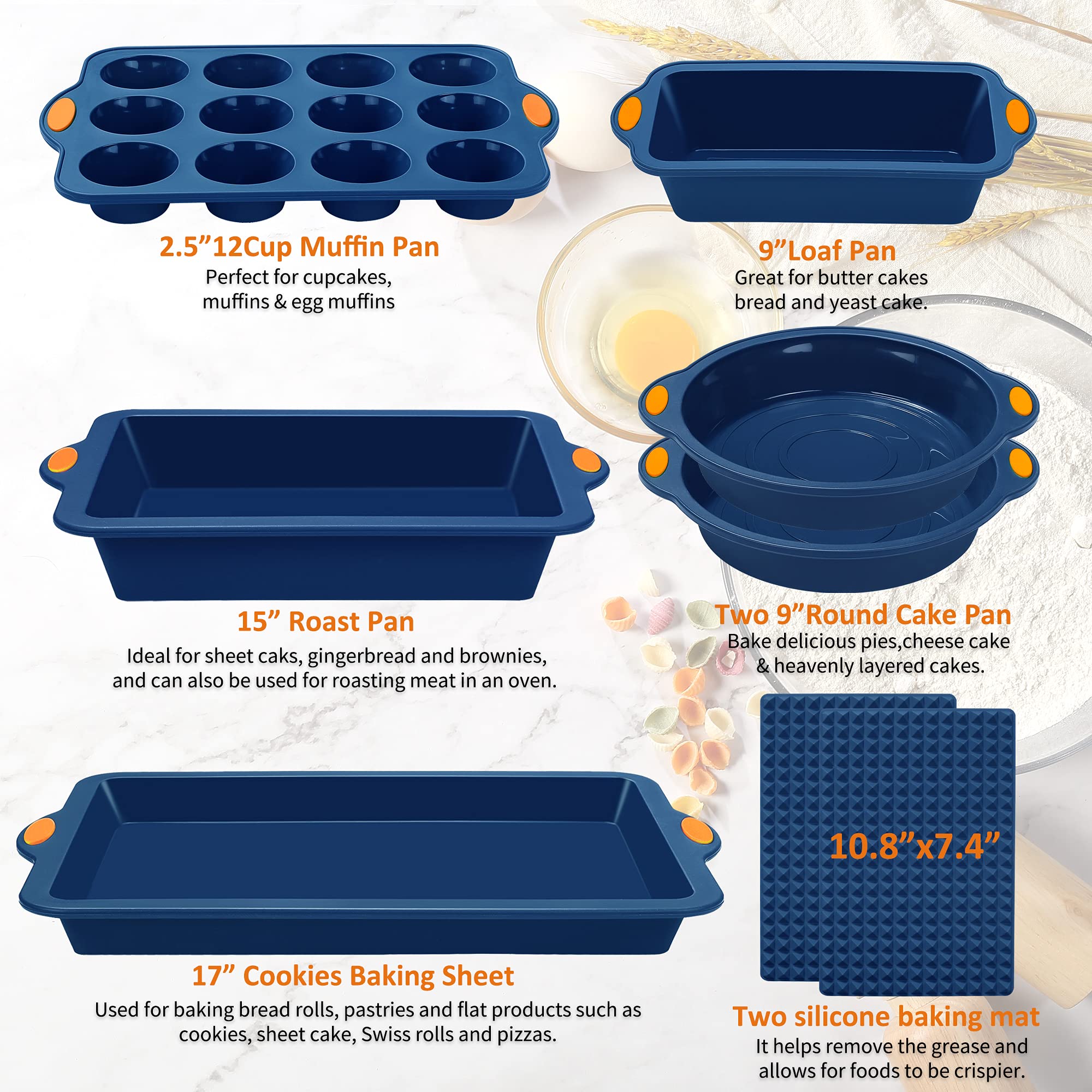 To encounter 8-in-1 silicone bake set silicone mats provide even heat distribution and fat drainage.