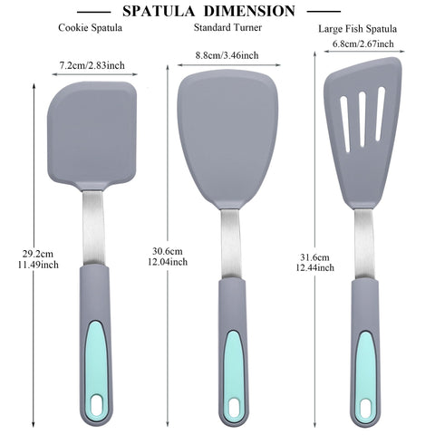 To encounter light grey spatula set with comfortable handle and subtle finish.