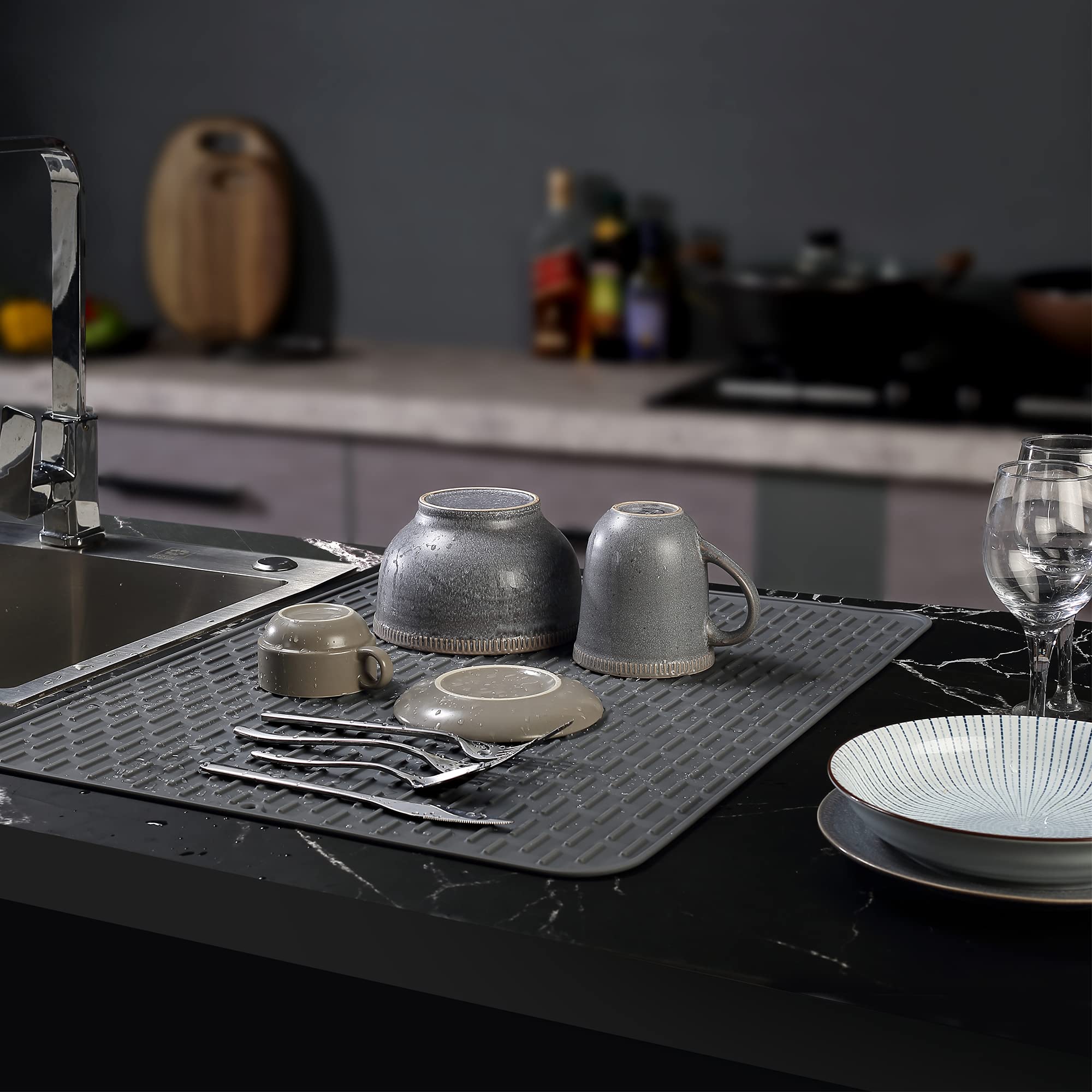 To encounter silicone dish drying mat, flexible roll-and-store design demonstrates space-saving convenience