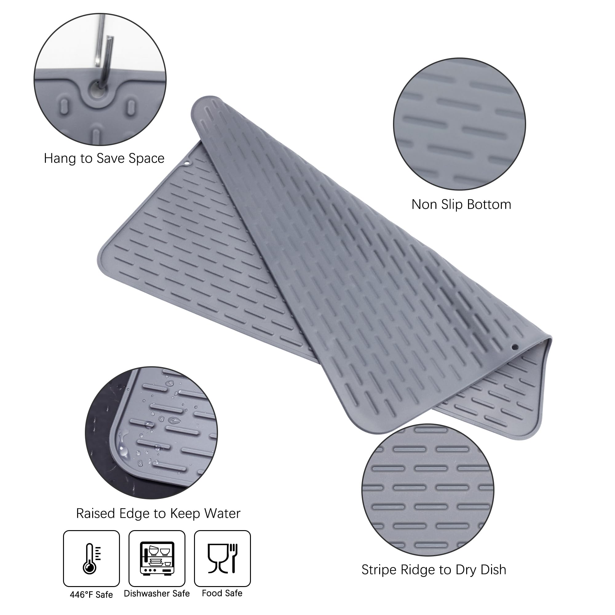 To encounter silicone dish drying mat unfolded on the sink area, showing easy cleaning and dishwasher safety