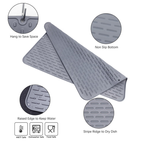 To encounter silicone dish drying mat unfolded on the sink area, showing easy cleaning and dishwasher safety