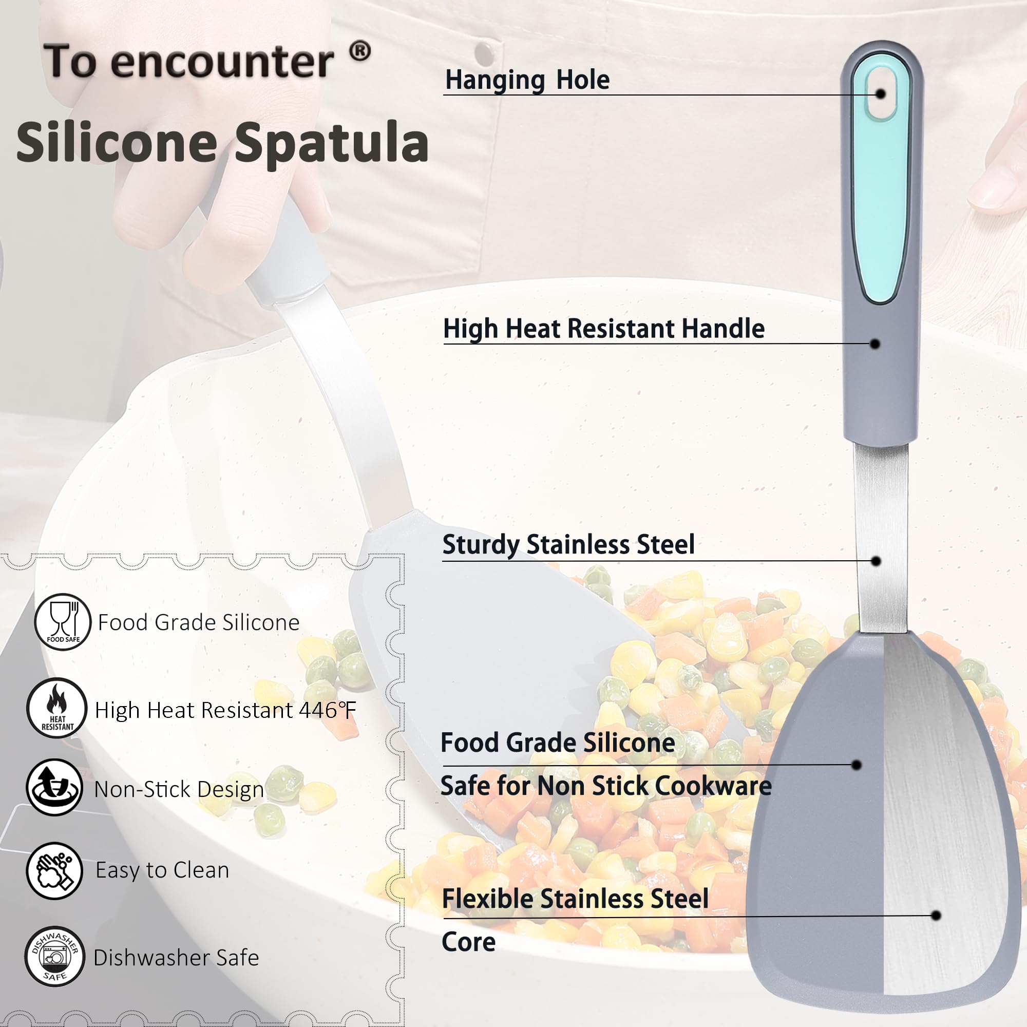 To encounter silicone fish spatula close-up highlights flexible tip for delicate flipping