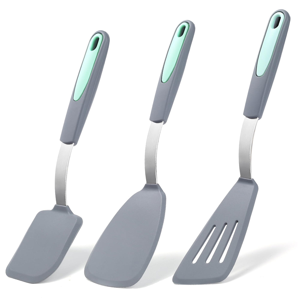 To encounter silicone spatula set in hand, heat-resistant three-piece collection for versatile cooking tasks.