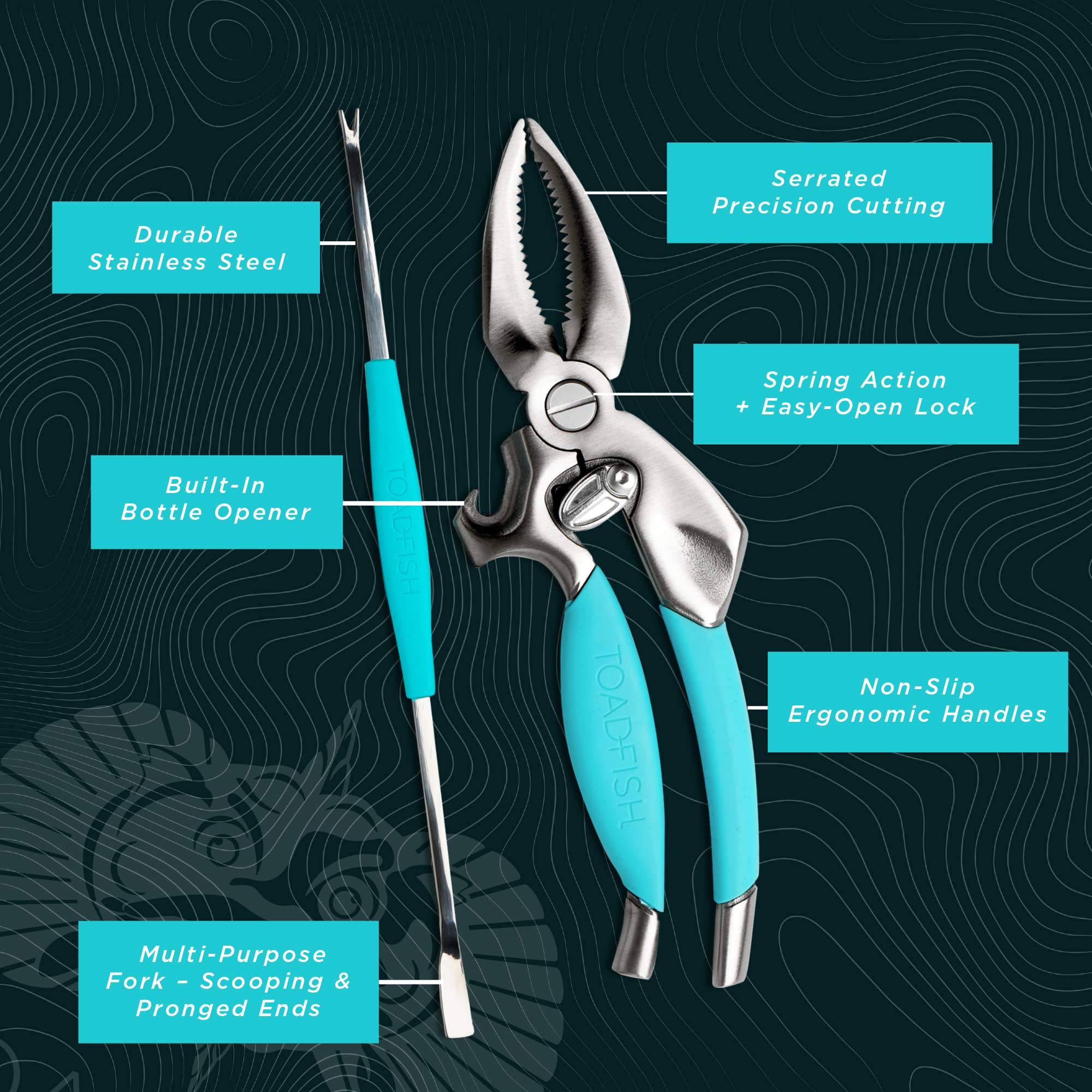 Toadfish tools with ergonomic blue grips for comfortable handling.