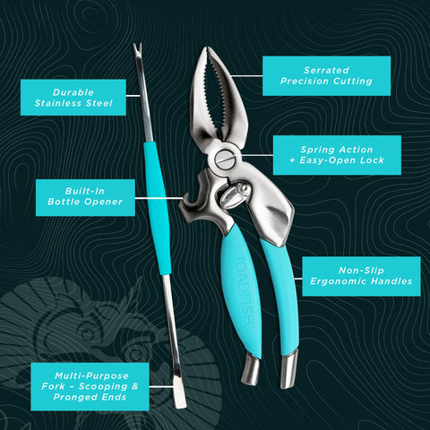 Toadfish tools with ergonomic blue grips for comfortable handling.