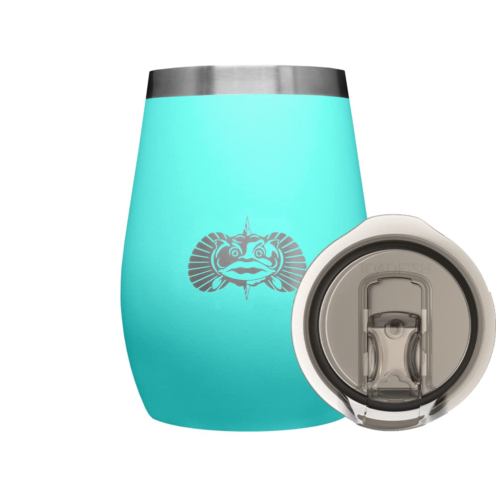 Toadfish non tipping 10oz wine tumbler teal sits securely on a dock