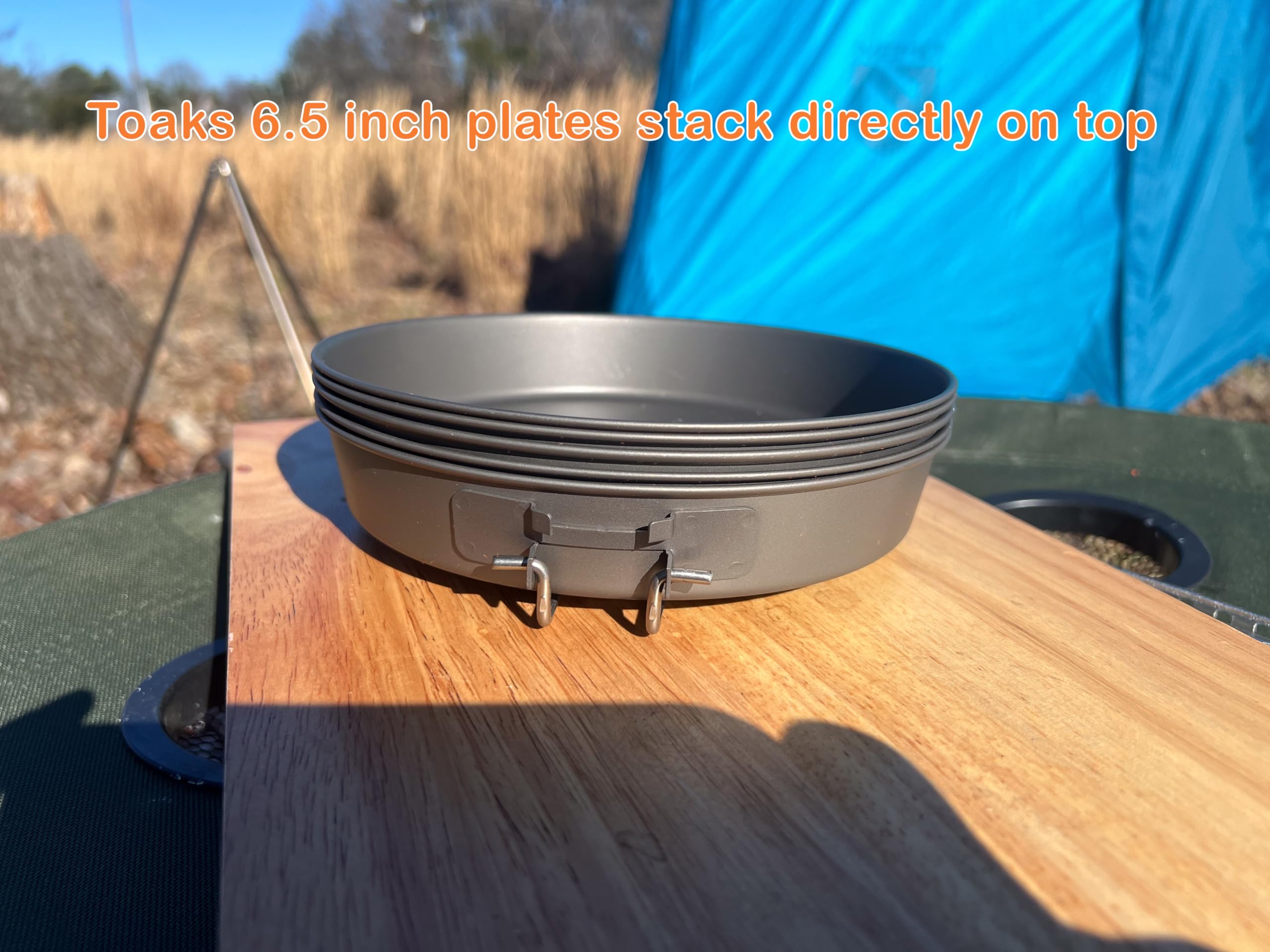 TOAKS Titanium D6.5 pan serving plate used for sharing camp meals.