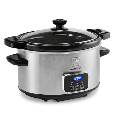 Toastmaster 4qt slow cooker in stainless steel for family meals.