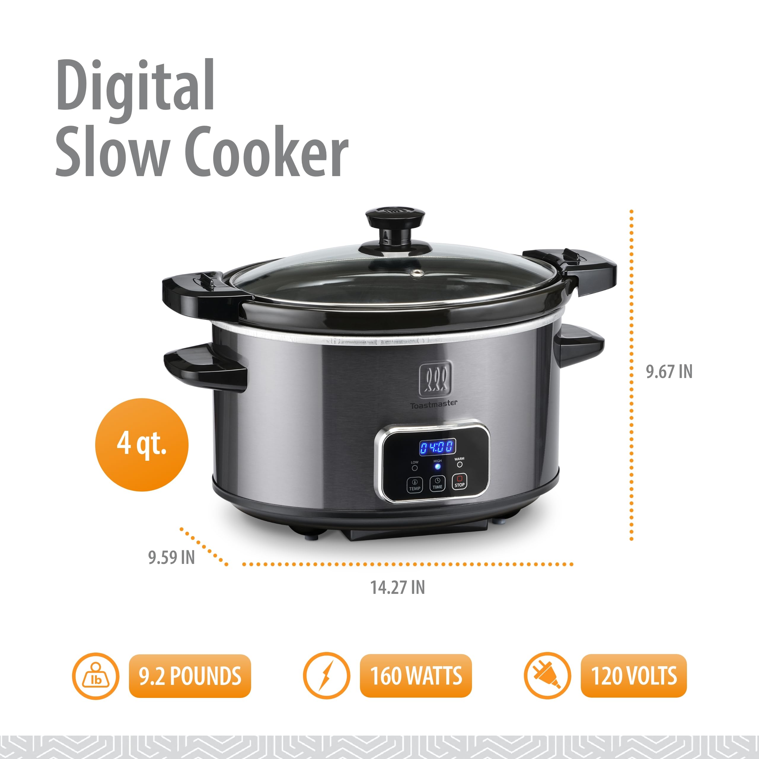 Toastmaster 4-Quart slow cooker digital timer enables precise cooking schedules.