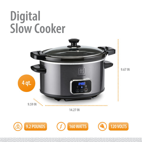 Toastmaster 4-Quart slow cooker digital timer enables precise cooking schedules.