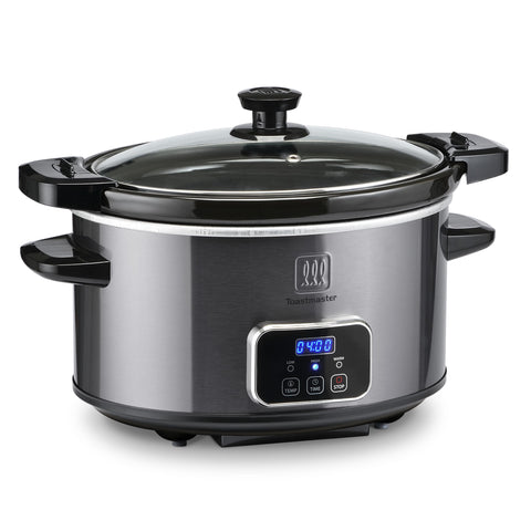Toastmaster 4-Quart slow cooker with lid latch secures meals during transport.