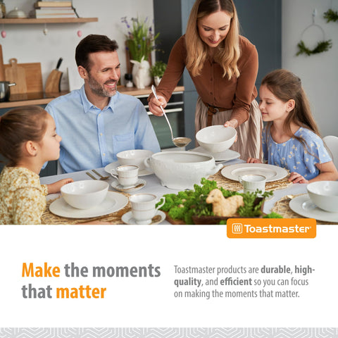 Toastmaster locking lid ensures safe transport of hot dishes.
