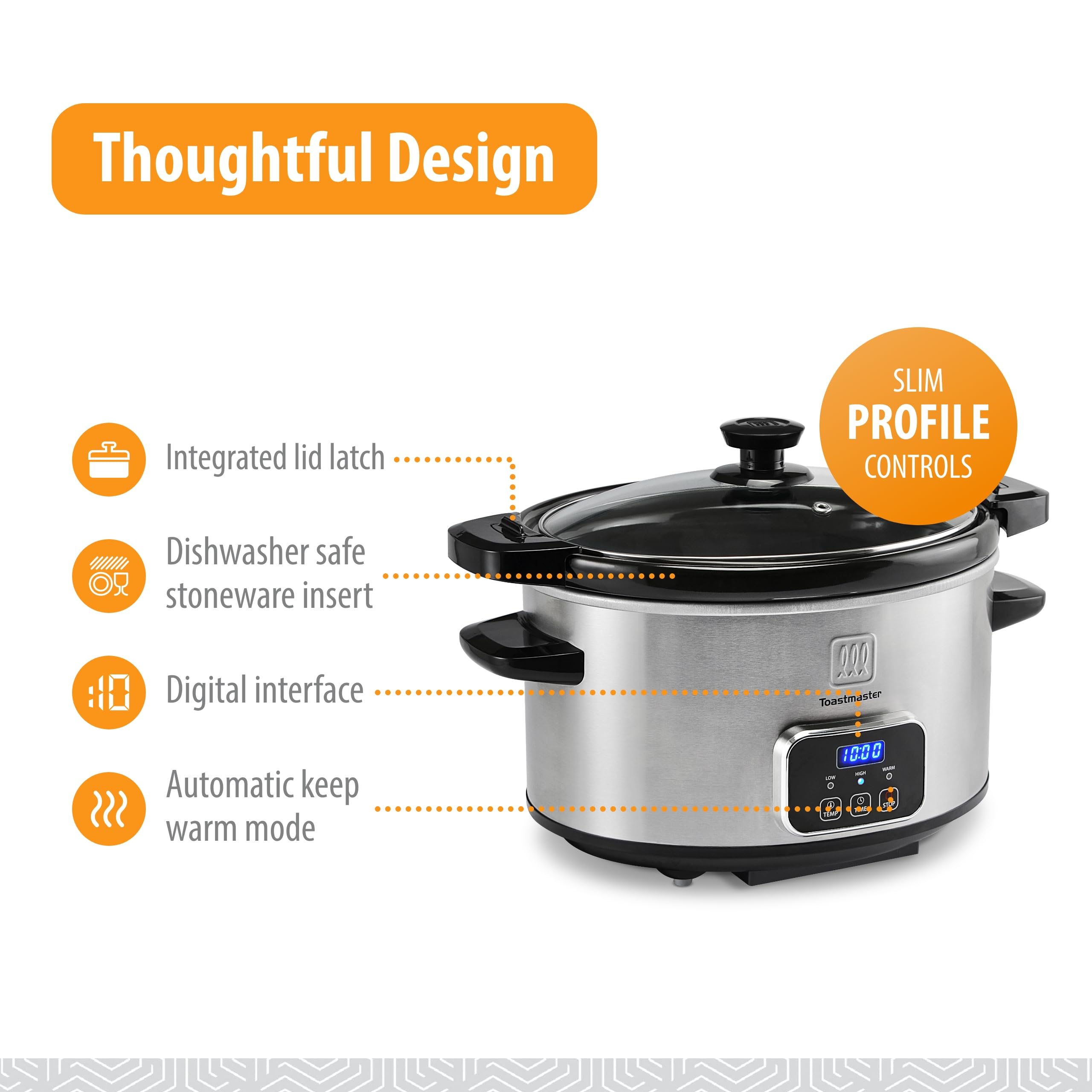 Toastmaster digital-timer-controls enable precise scheduling for meals and sauces.
