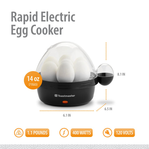 Toastmaster Rapid Egg Cooker showing seven-egg capacity for batch breakfasts.