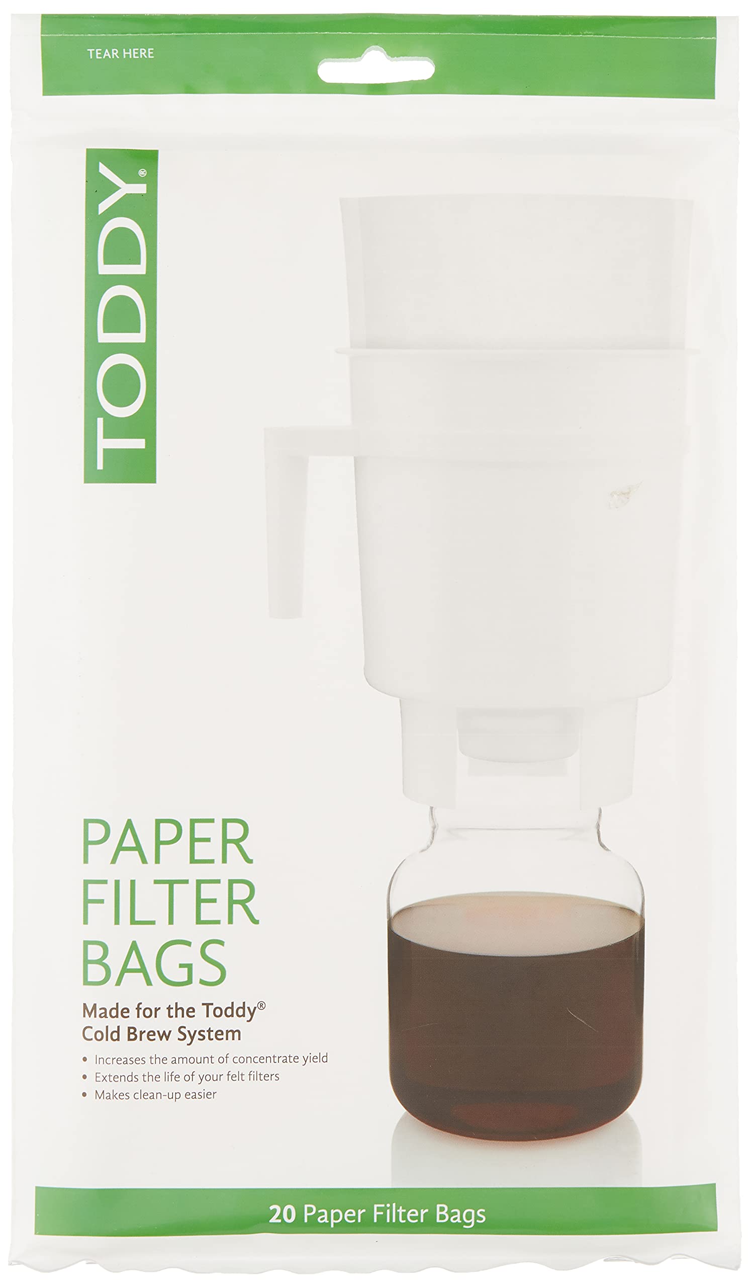 Toddy paper filter bags for the home model, pack of 20, enabling quicker cold brew filtration.