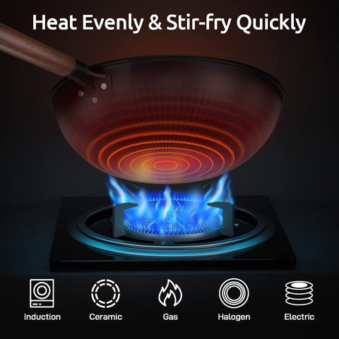 Todlabe carbon-steel wok shows pre-seasoned, nonstick surface.