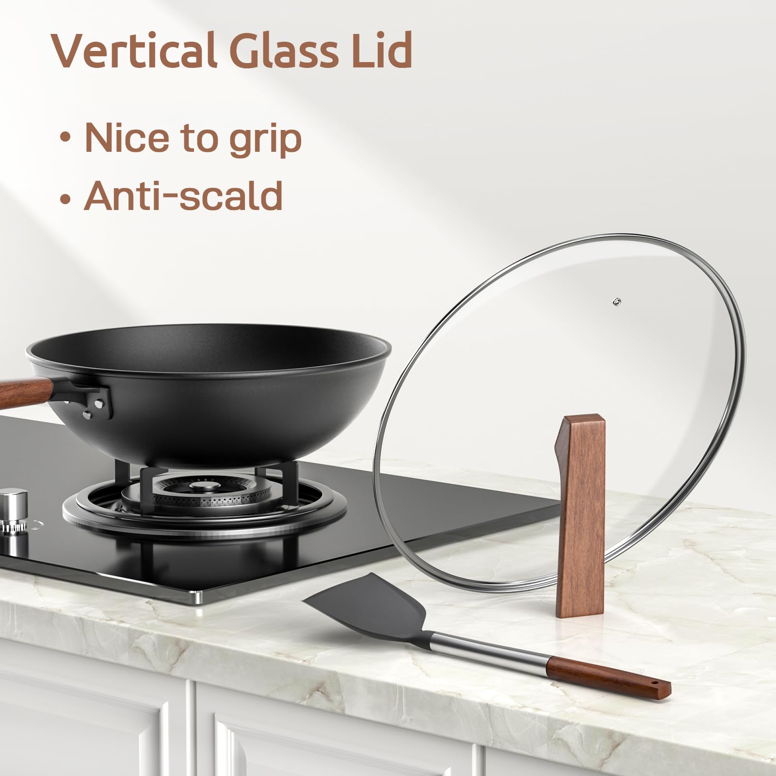 Todlabe ergonomic wooden handle on the 13-inch wok.