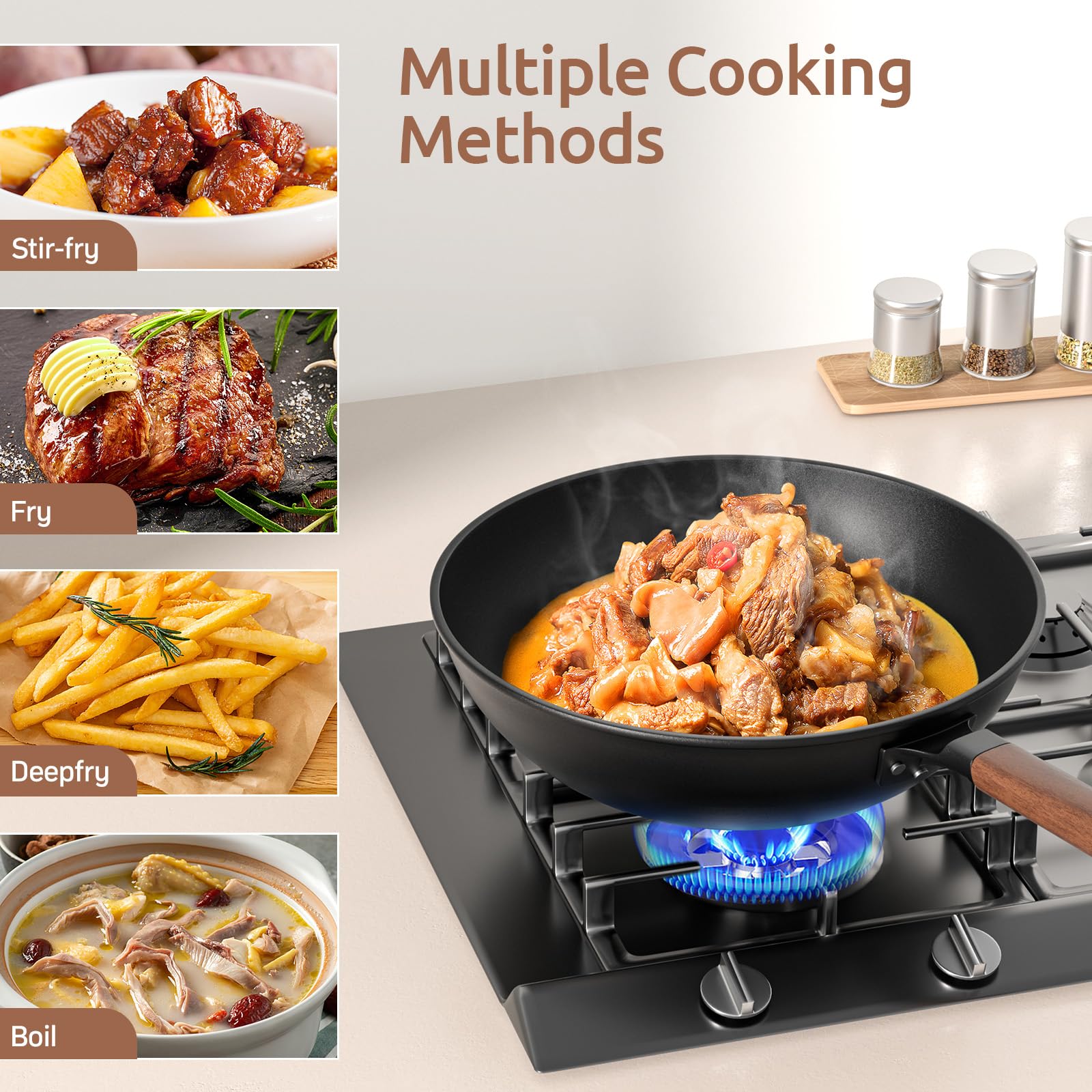 Todlabe flat-bottom wok ready for induction, electric, or gas stoves.