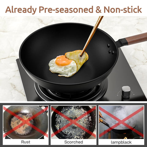 Todlabe wok wooden handle stays cool during high-heat cooking.