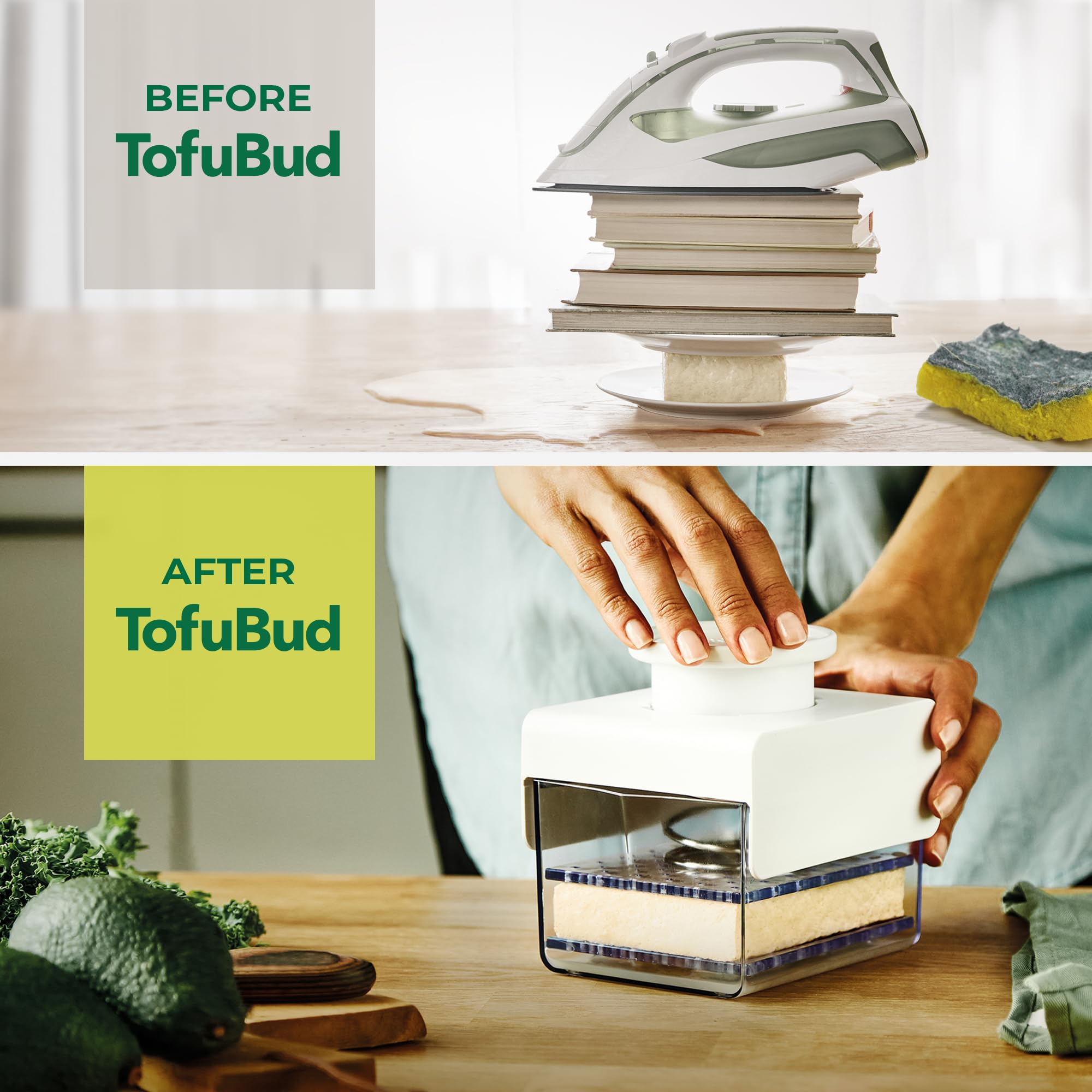 TofuBud Tofu Press in use on a cutting board for pressed tofu.