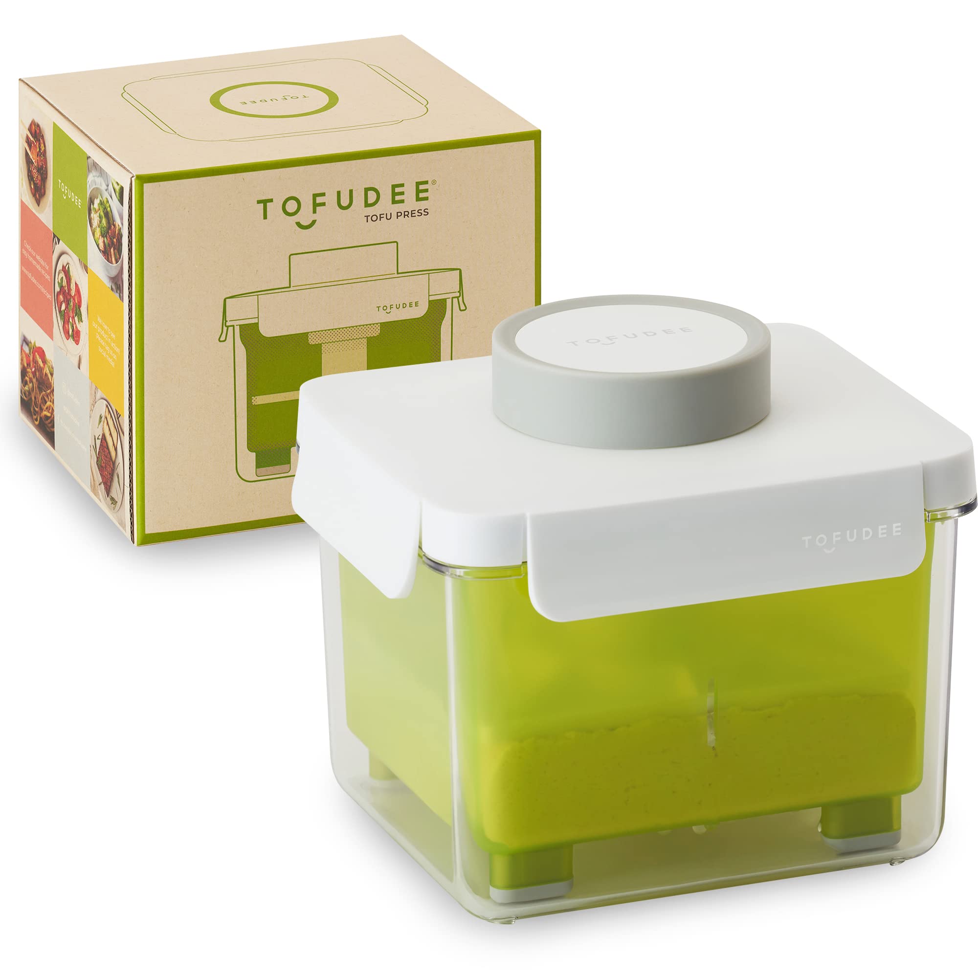 TOFUDEE tofu press on countertop showing compact design for quick, mess-free tofu prep