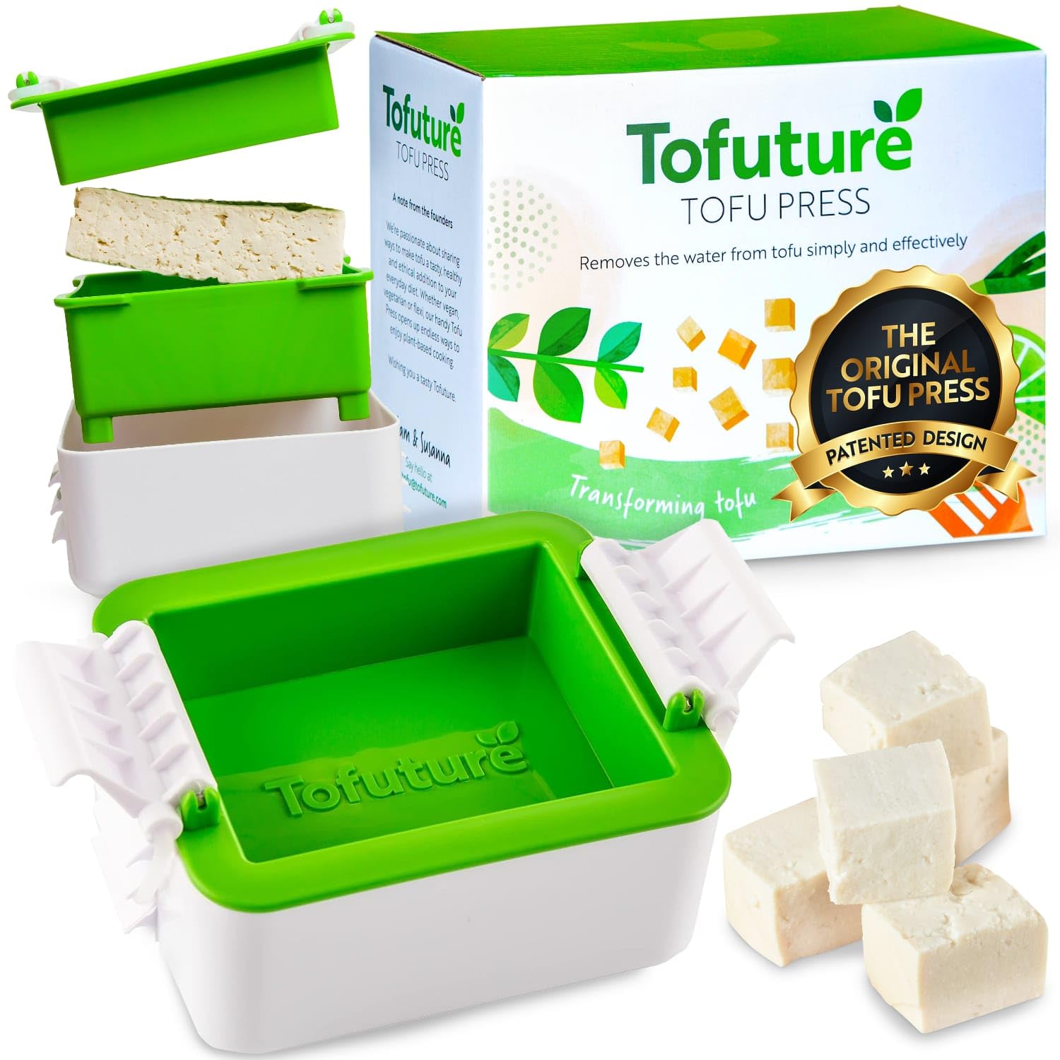 Tofuture Tofu Press assembled, original design for clean, mess-free pressing