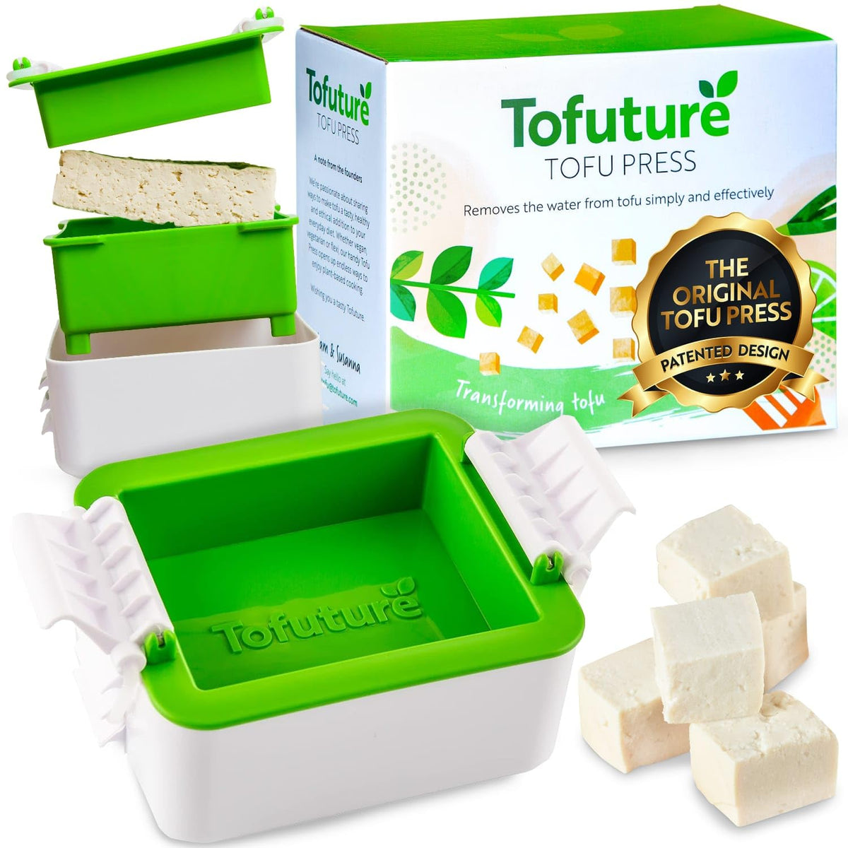 Tofuture Tofu Press assembled, original design for clean, mess-free pressing