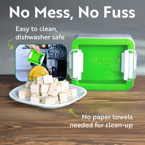 Tofuture Tofu Press with tofu inside demonstrates even, crack-free pressing