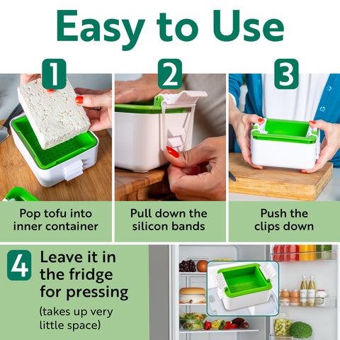 Tofuture Tofu Press water-tray catches liquid to prevent fridge mess