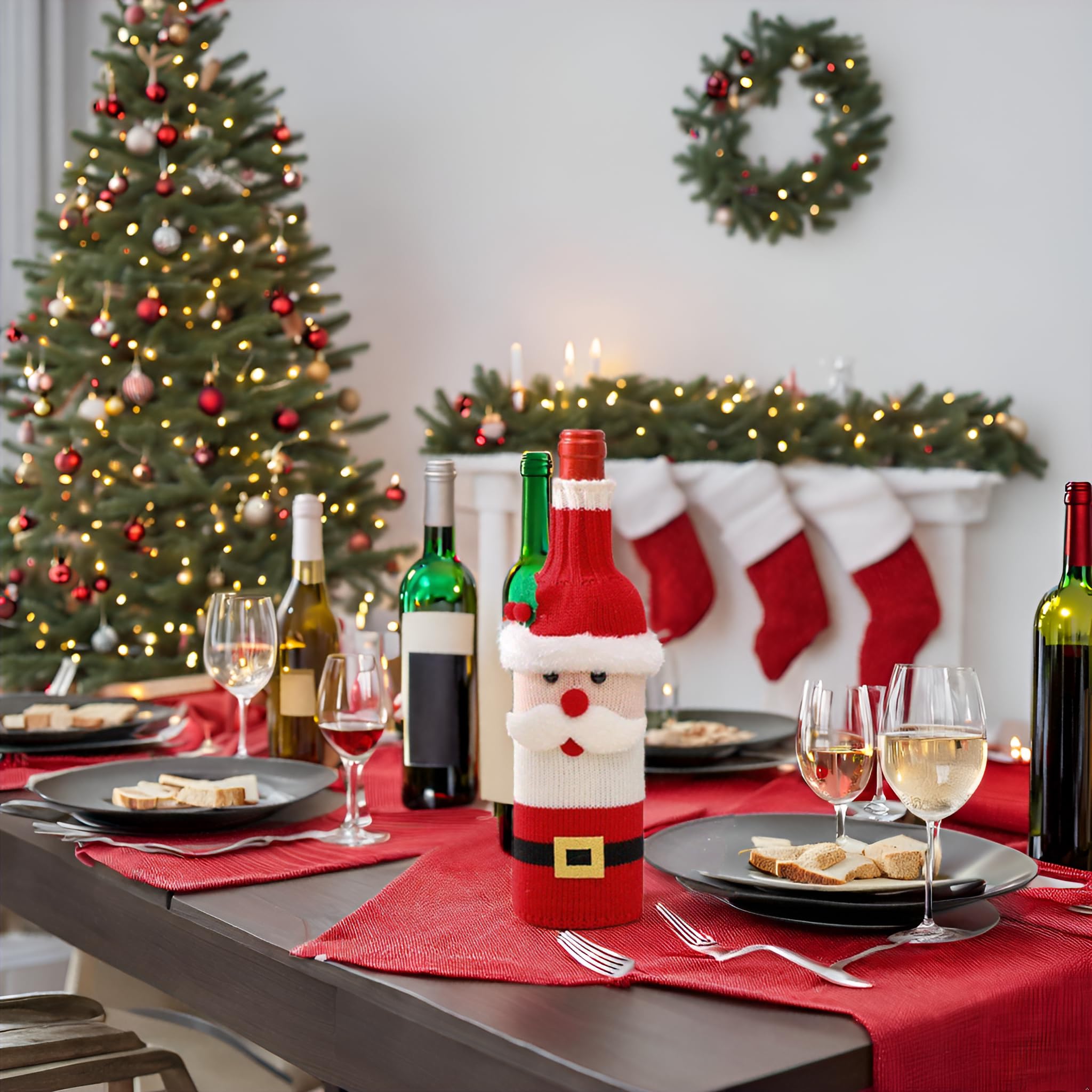 Two bottles wearing TOGETHERTOYO sweater covers on a dining table setup.