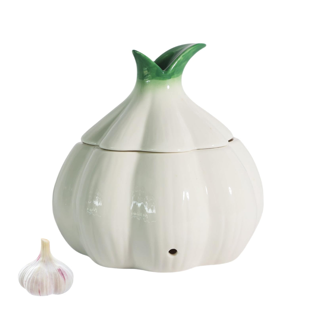 TOIVO garlic keeper on the counter with lid and holes for vented, fresh storage.