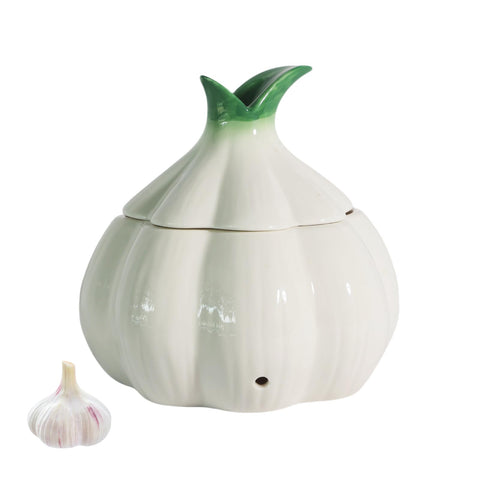 TOIVO garlic keeper on the counter with lid and holes for vented, fresh storage.