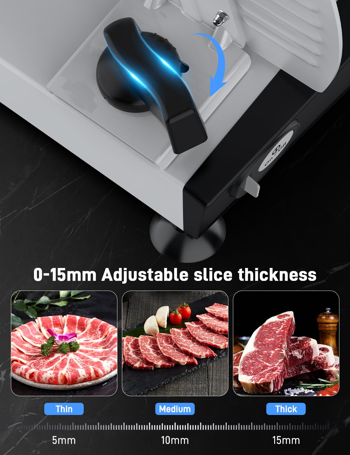 TOKASS Meat Slicer non-serrated blade ideal for bread and soft fruits.